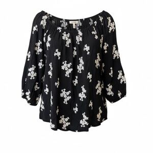Soft Surroundings Black Crinkle Cotton Embroidered White Flowers Peasant Blouse
